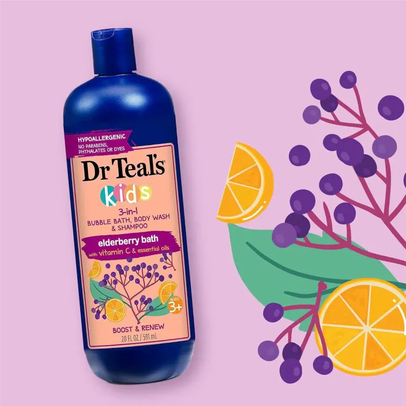 Dr Teal`s Kids 3-in-1 Elderberry Bath, Body Wash & Shampoo Boost & Renew – 20 oz