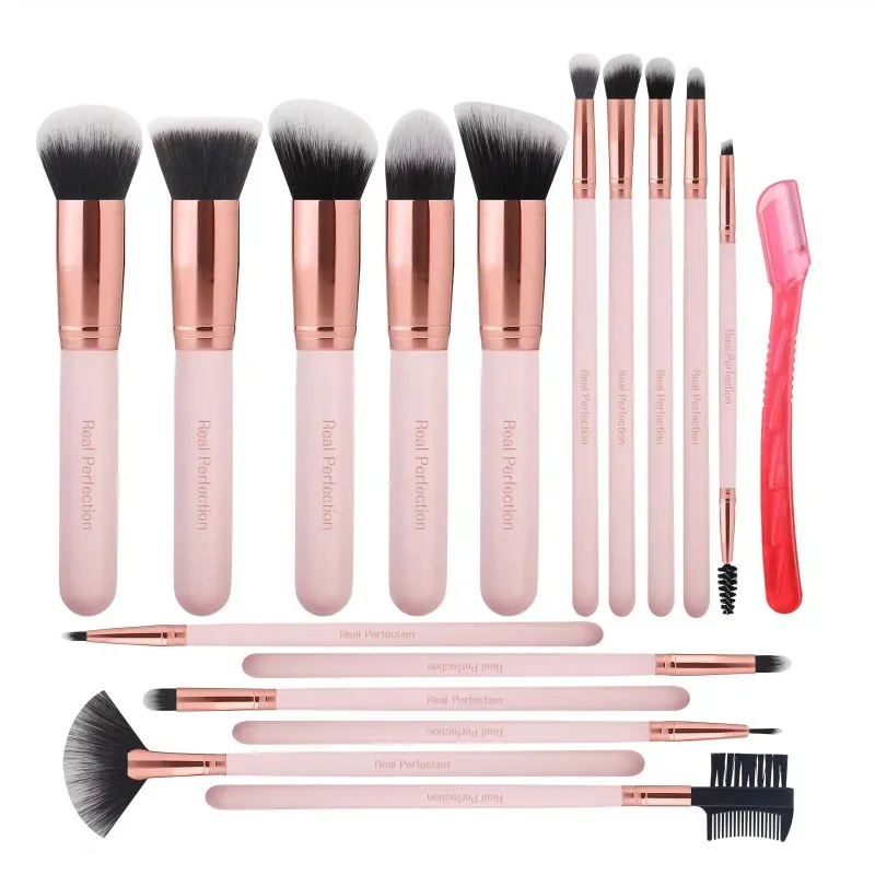 Real Perfection Makeup Brush Set 16 Pcs with 1 Eyebrow Razor Premium Synthetic Foundation Powder Concealers Eyeshadow Bl
